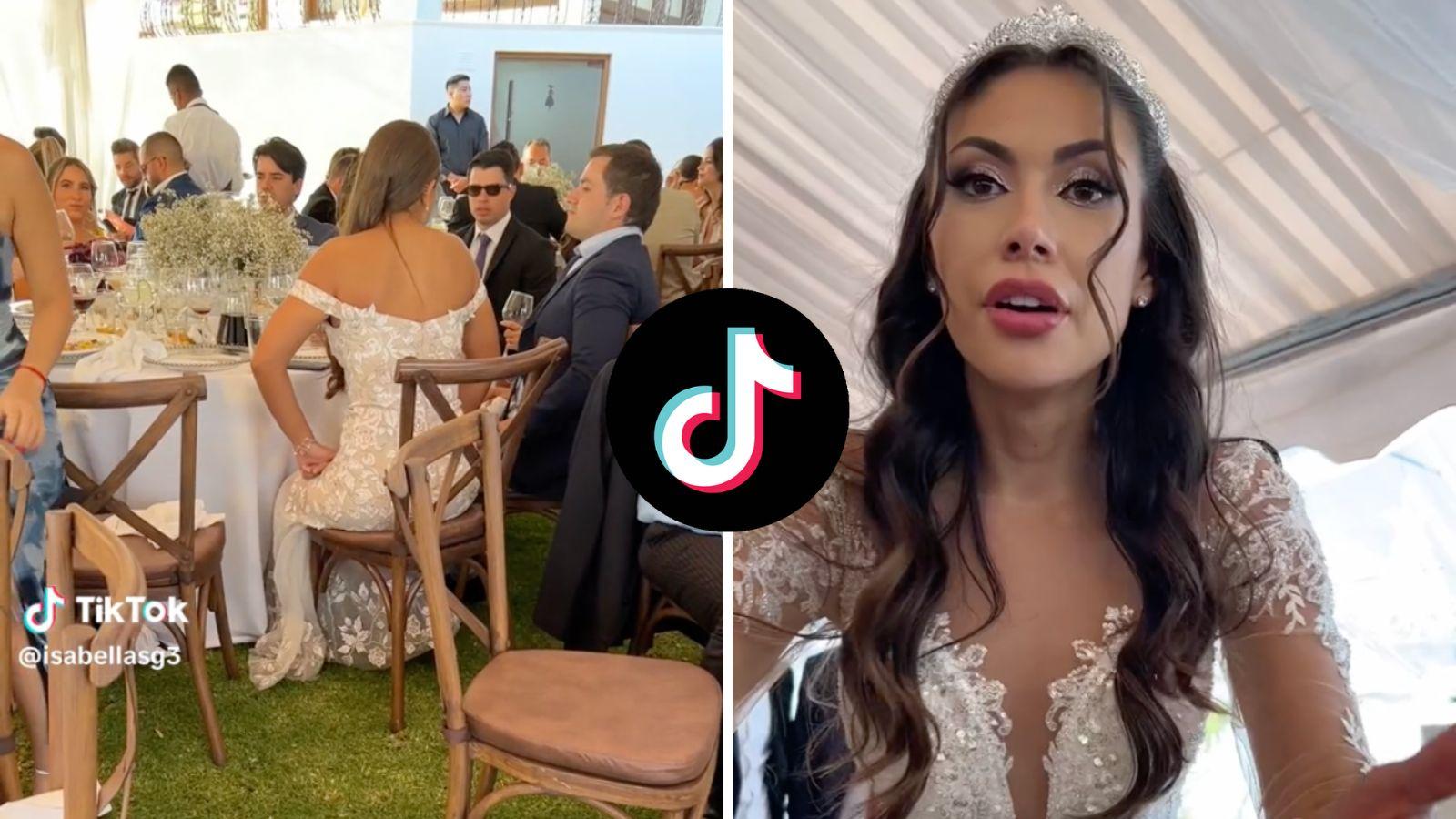 Wedding guest wearing white gown, bride's reaction