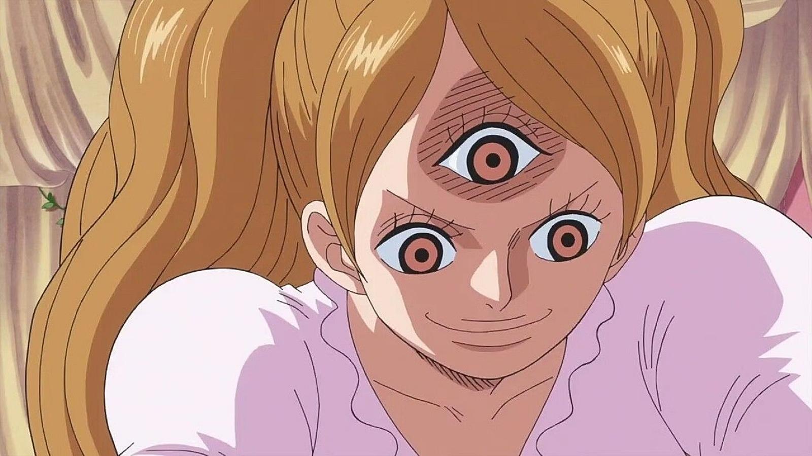 An image of Pudding revealing her third eye in One Piece