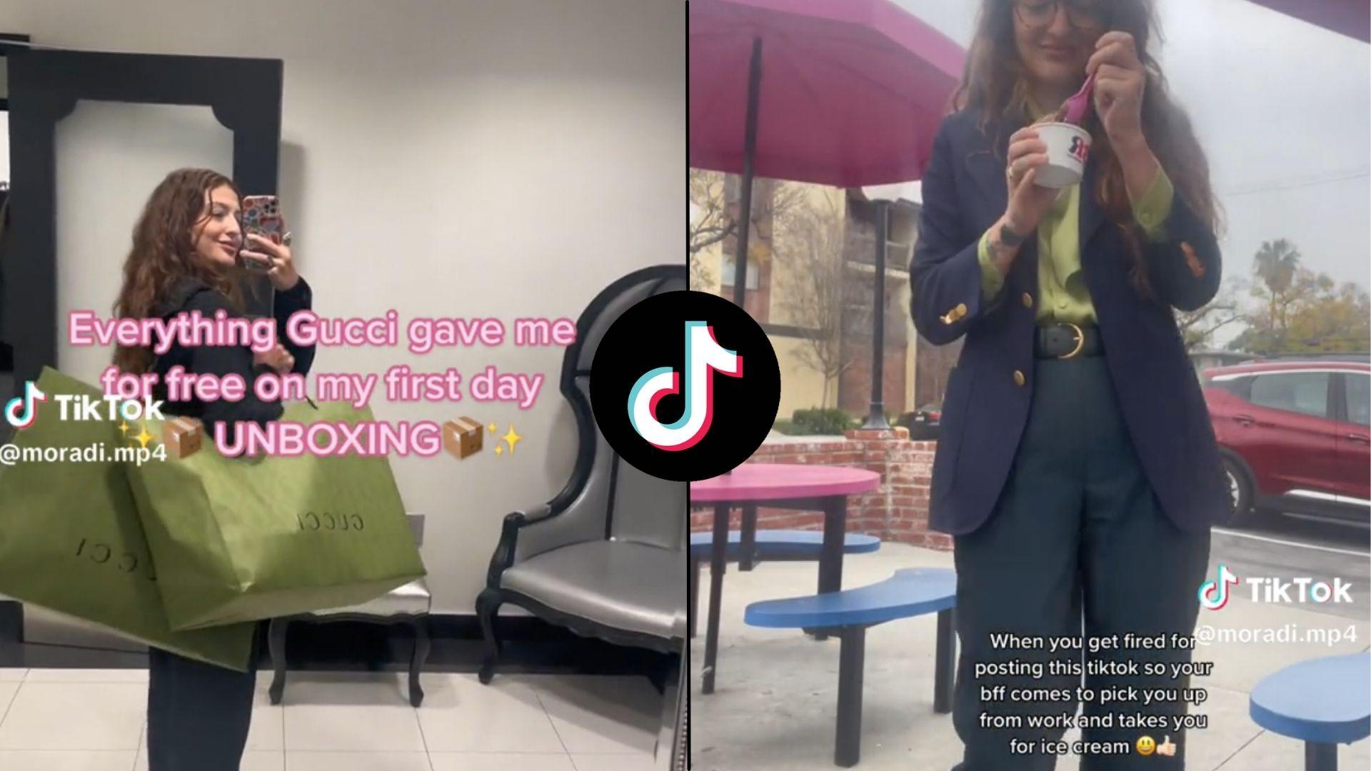 Screenshots of woman in Gucci with captions about getting fired on TikTok