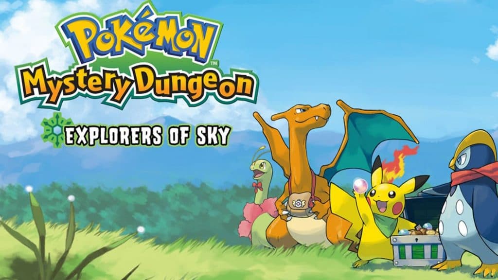 Pokemon Explorers of Sky promo art with Charizard, pikachu, and Prinplup.