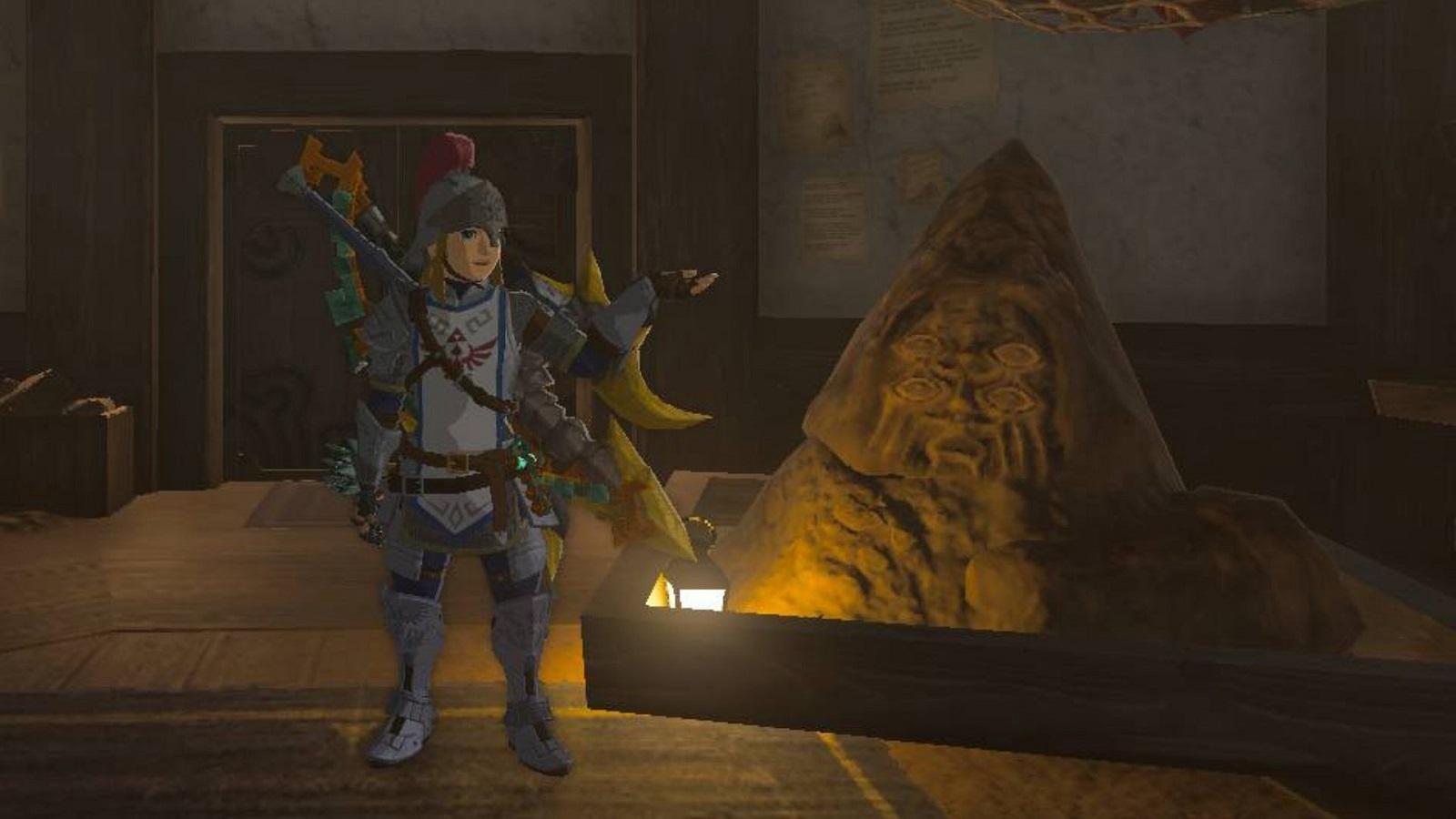 Link standing next to a Bargainer Statue