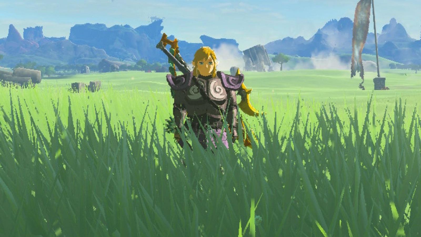 Link wearing Phantom armor in a field