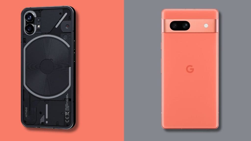 Black Nothing Phone 2 and Coral Pixel 7a