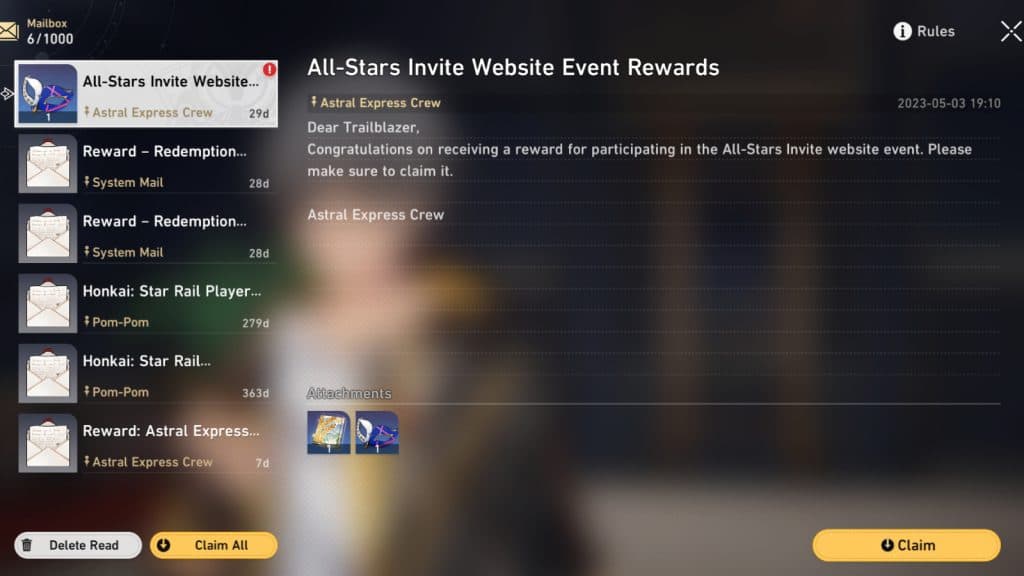 some rewards from All-Star Invite web event in Honkai Star Rail