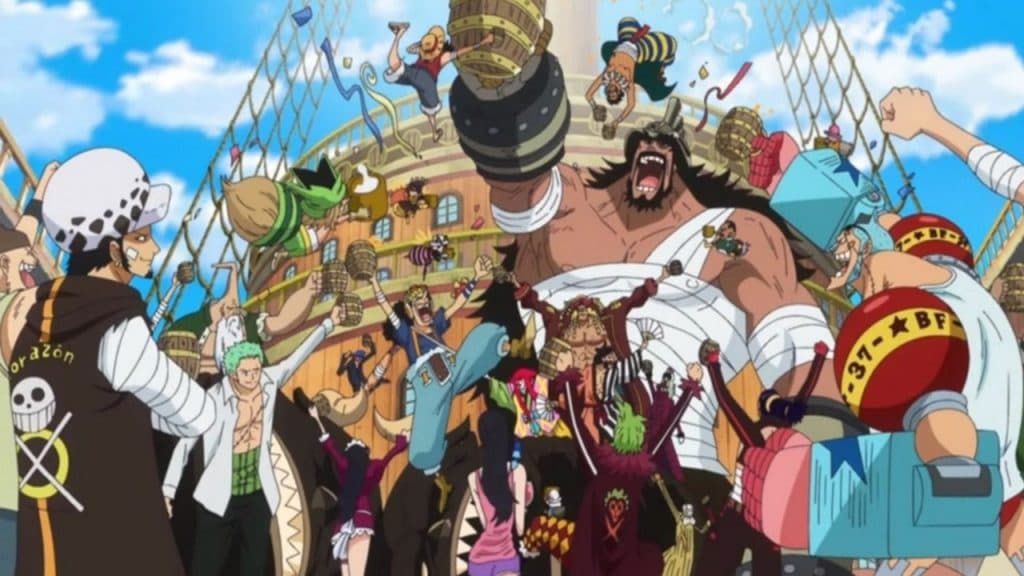 An image of the Straw Hat grand fleet in One Piece