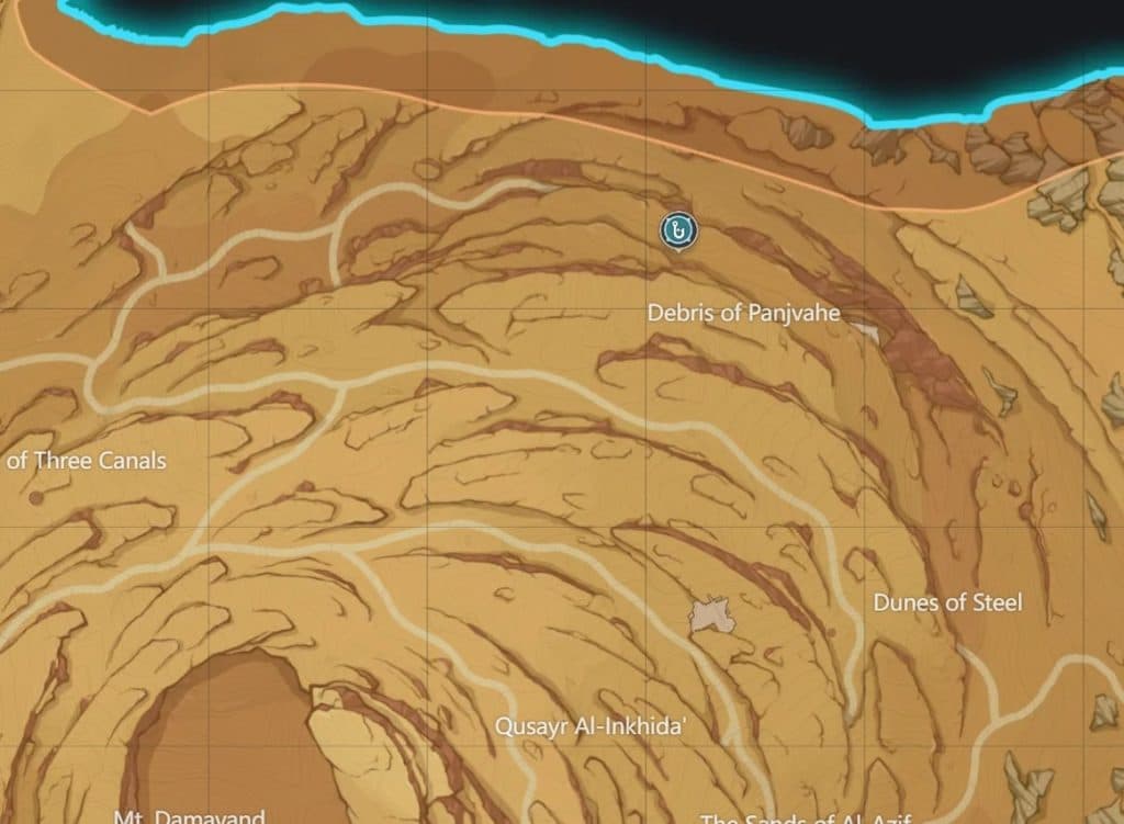 Fishing spot in Sumeru's Desert of Hadramaveth marked via Tevyat Interactive Map