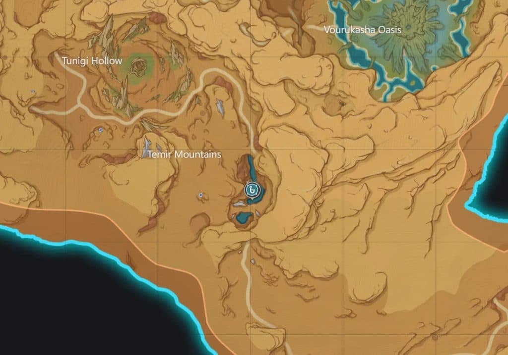 The sole fishing spot in the Girdle of Sands in Sumeru's Desert area marked via Tevyat Interactive Map