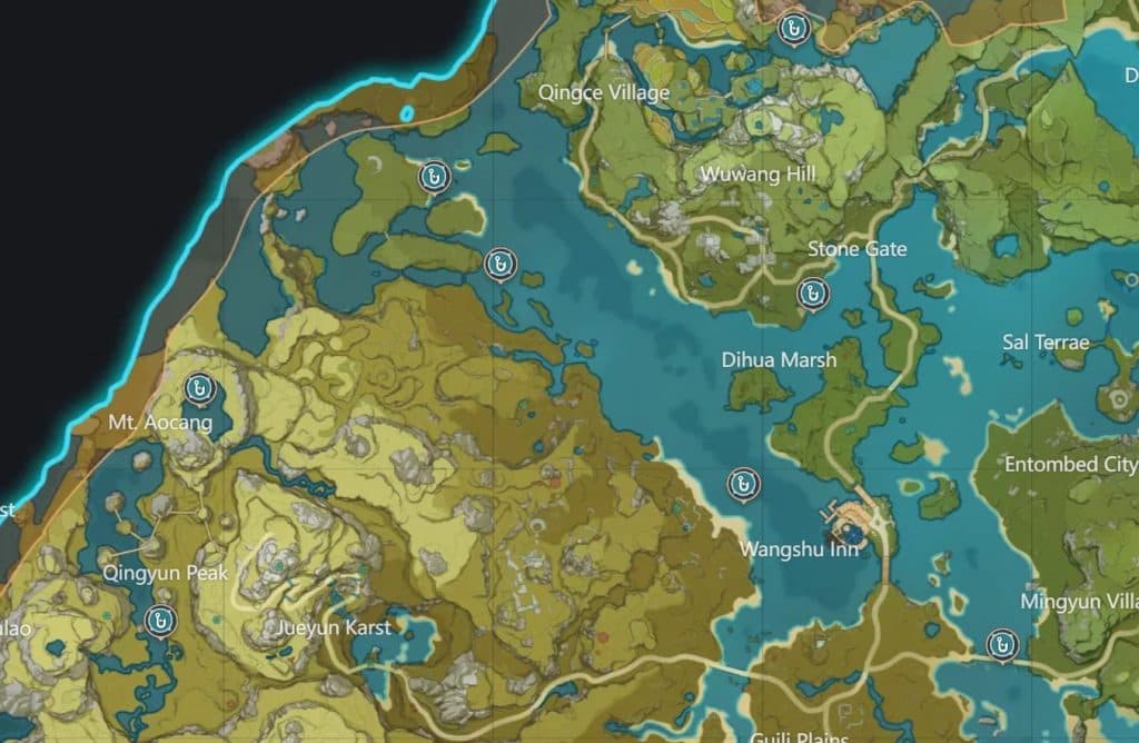 Every fishing location towards North of Liyue marked via Tevyat Interactive Map