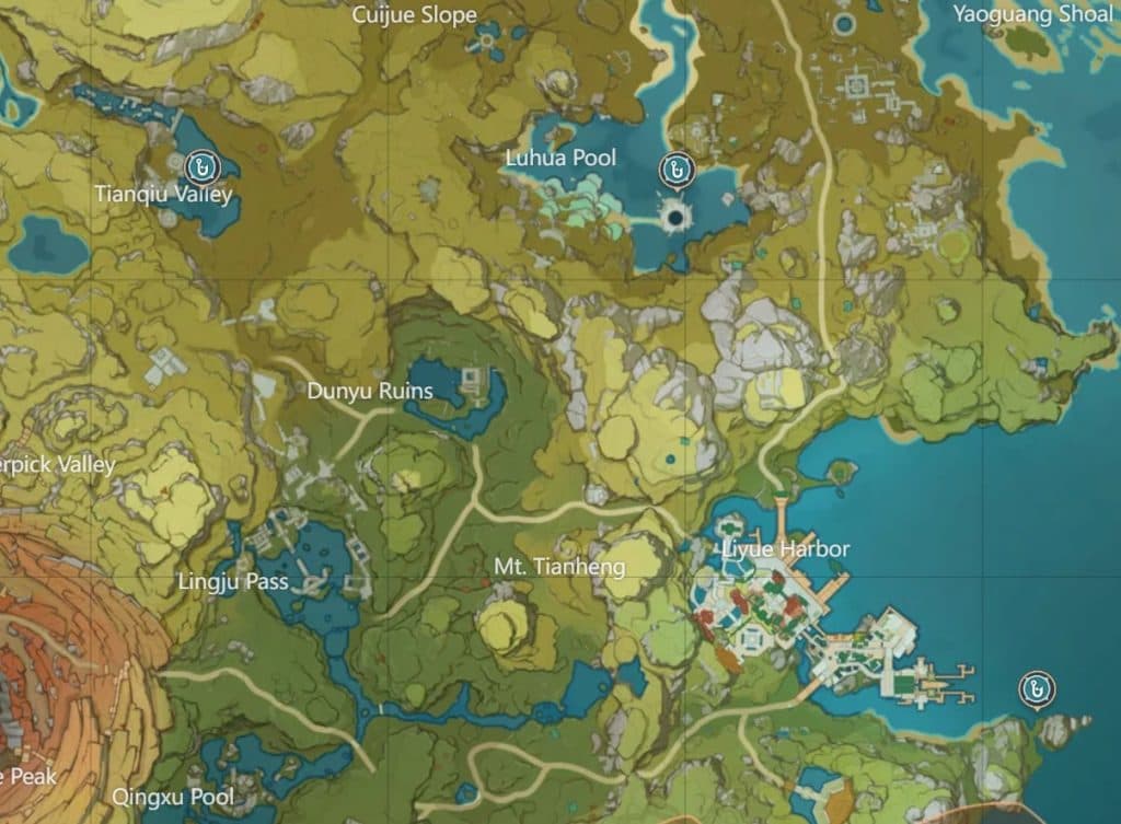 Every fishing location towards South of Liyue marked via Tevyat Interactive Map
