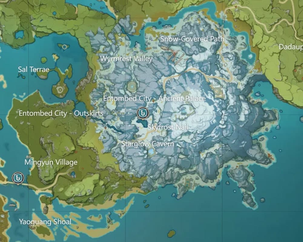 Dragonspine fishing location marked via Tevyat Interactive Map