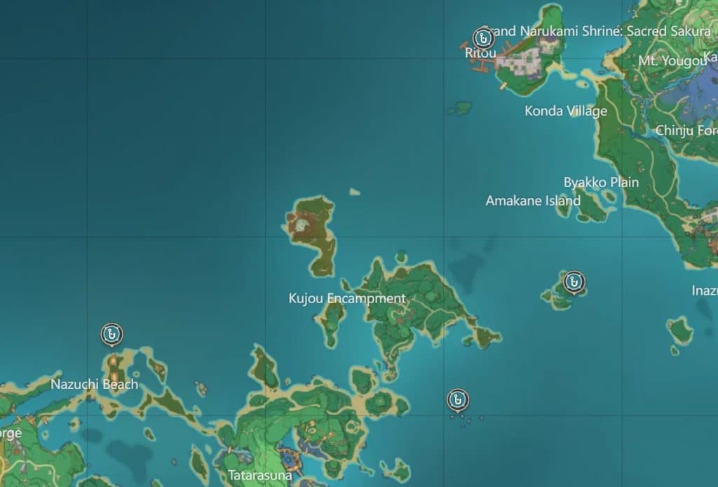 Every fishing spot in Narukami Island and Kannazuka marked via Tevyat Interactive Map