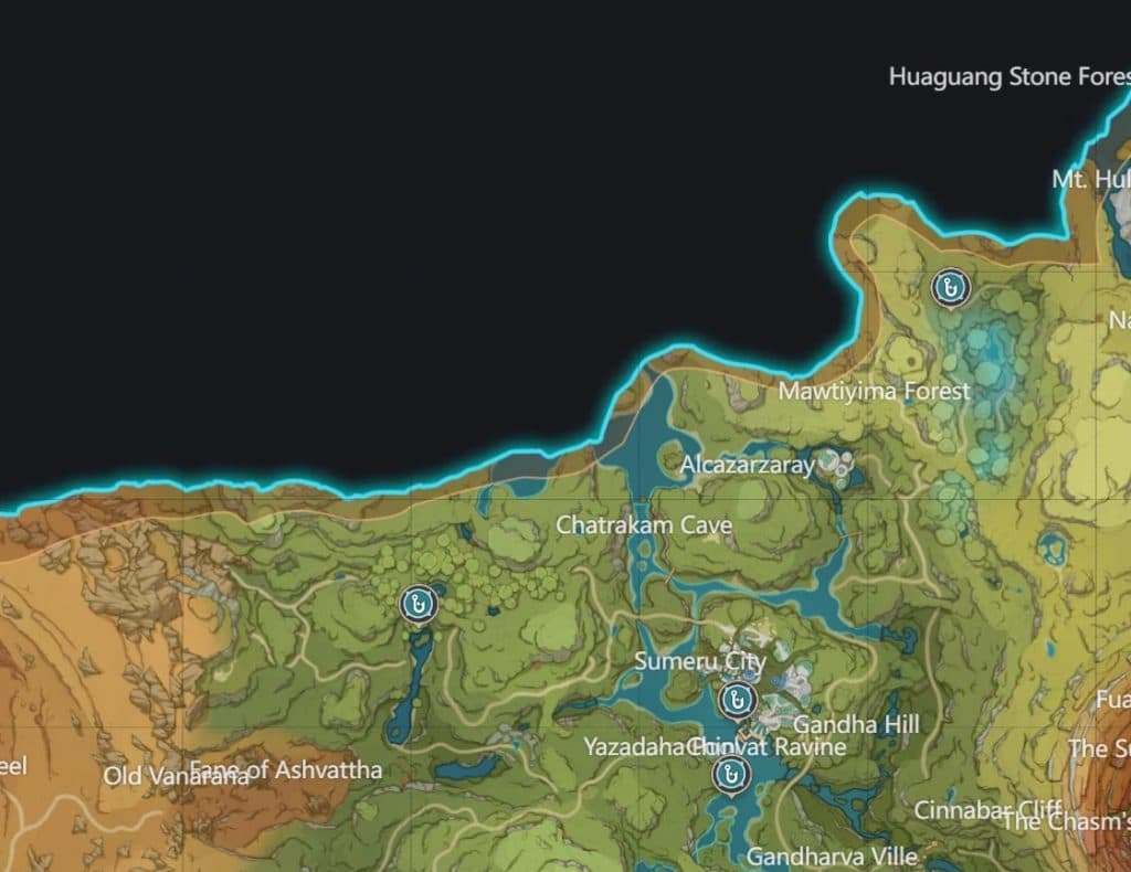 Every fishing spot towards the North of Sumeru Rainforest marked via Tevyat Interactive Map