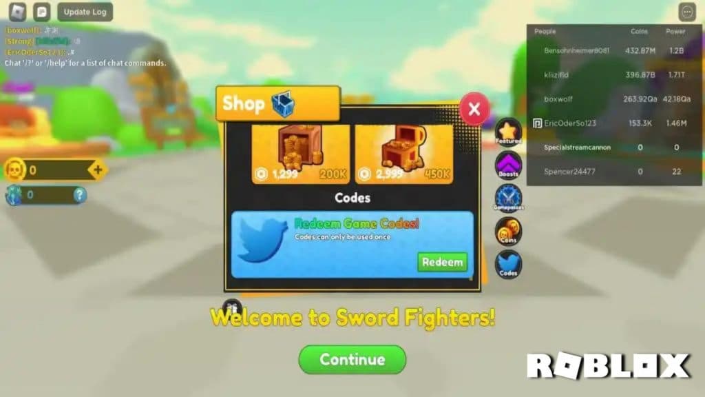 Redeem Sword Fighters Codes in Roblox