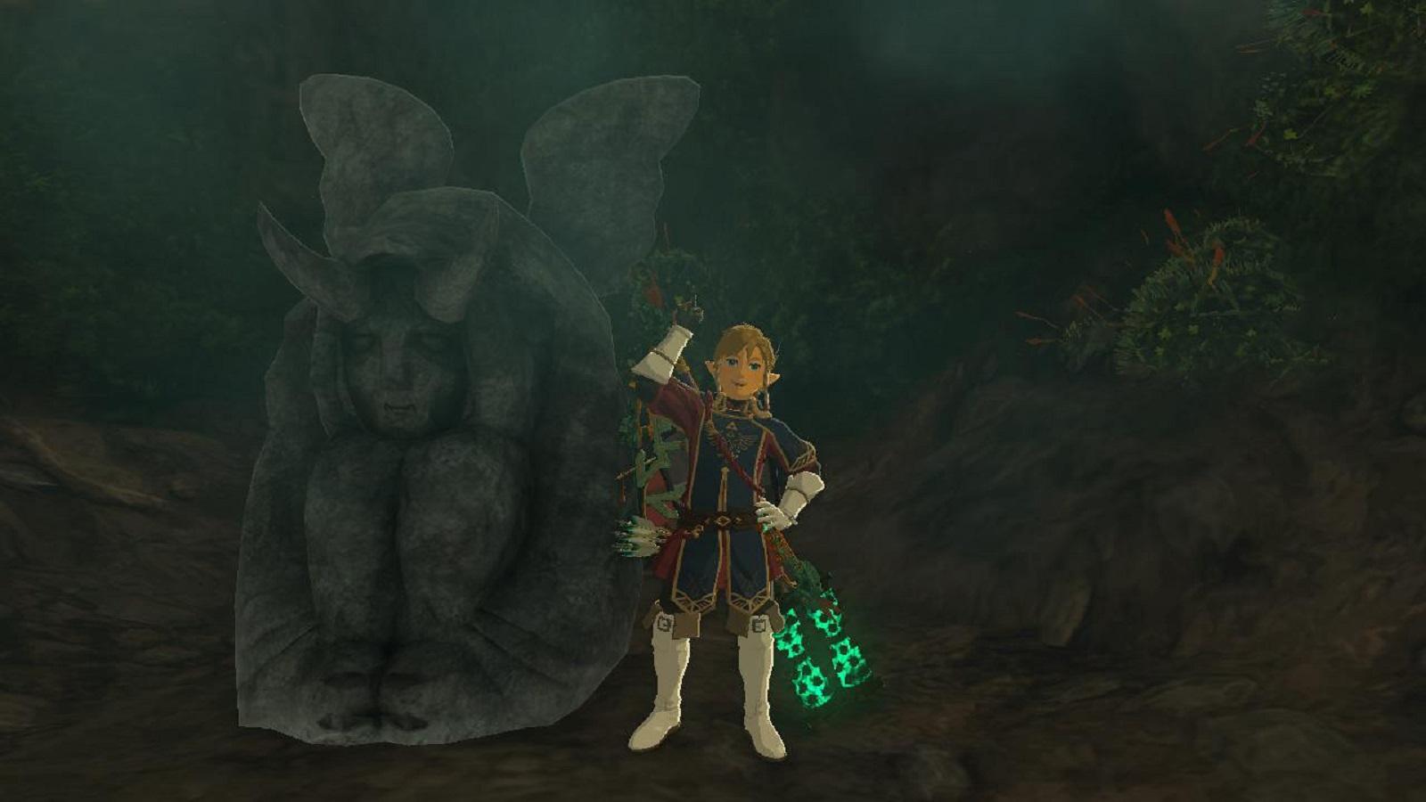 Link standing next to the Horned Statue in Tears of the Kingdom.