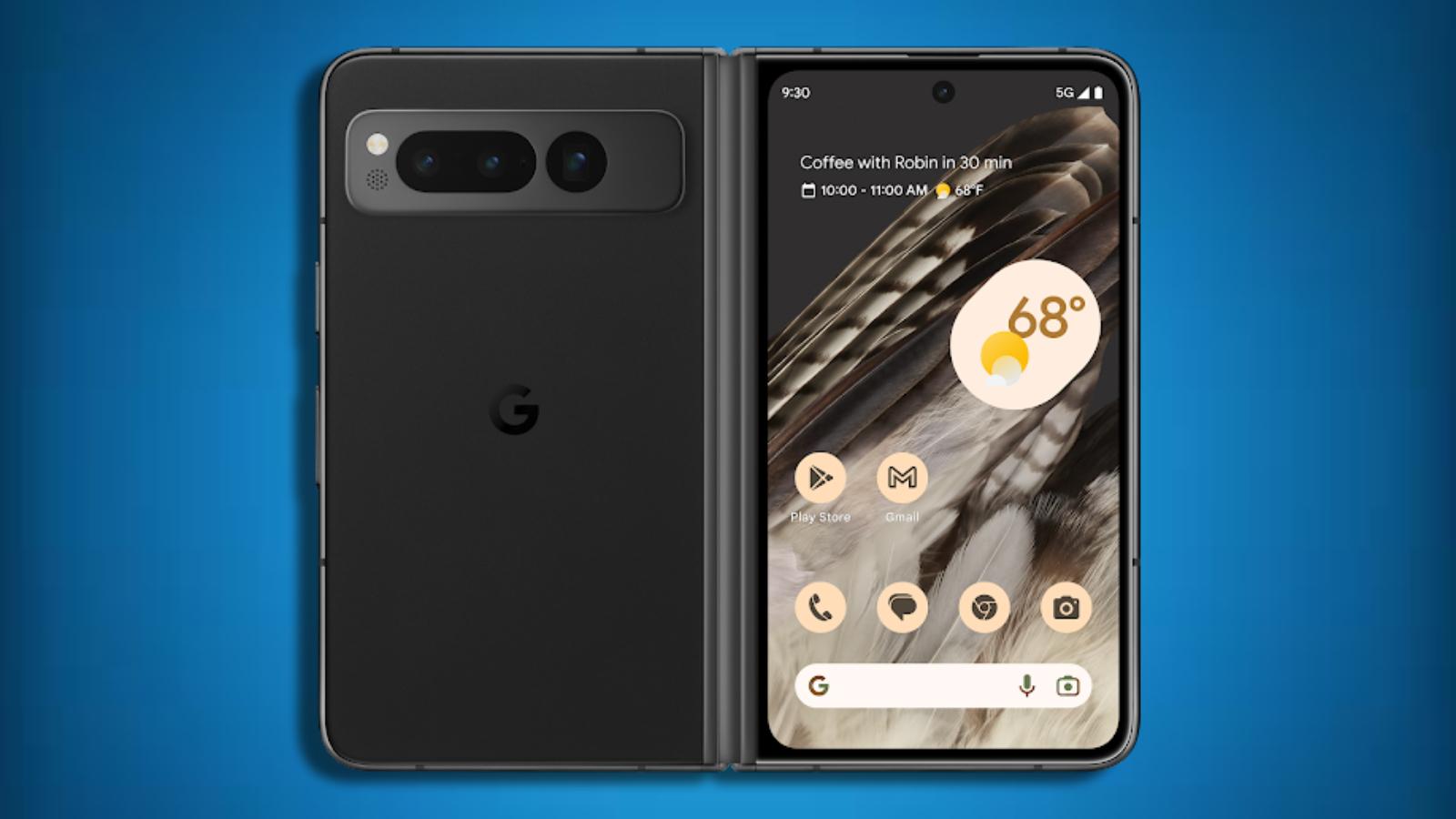 Pixel Fold rear panel and front display on a gradient backgrount