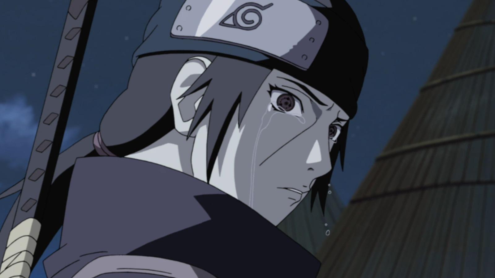 An image of Itachi Uchiha crying after killing his clan in Naruto