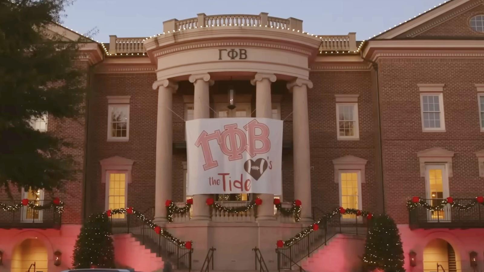 A sorority house has a banner in the documentary Bama Rush