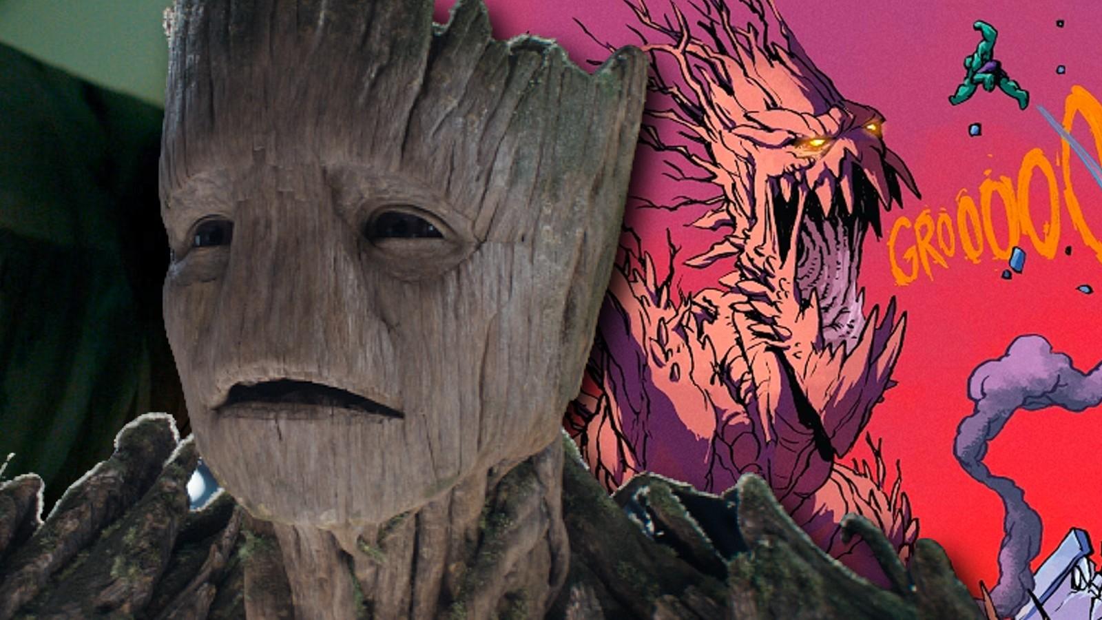 Groot in Guardians of the Galaxy Vol 3 and a still of Kaiju Groot from the comics
