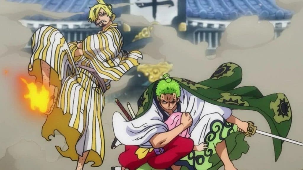 An image of Zoro and Sanji saving Toko from Orochi