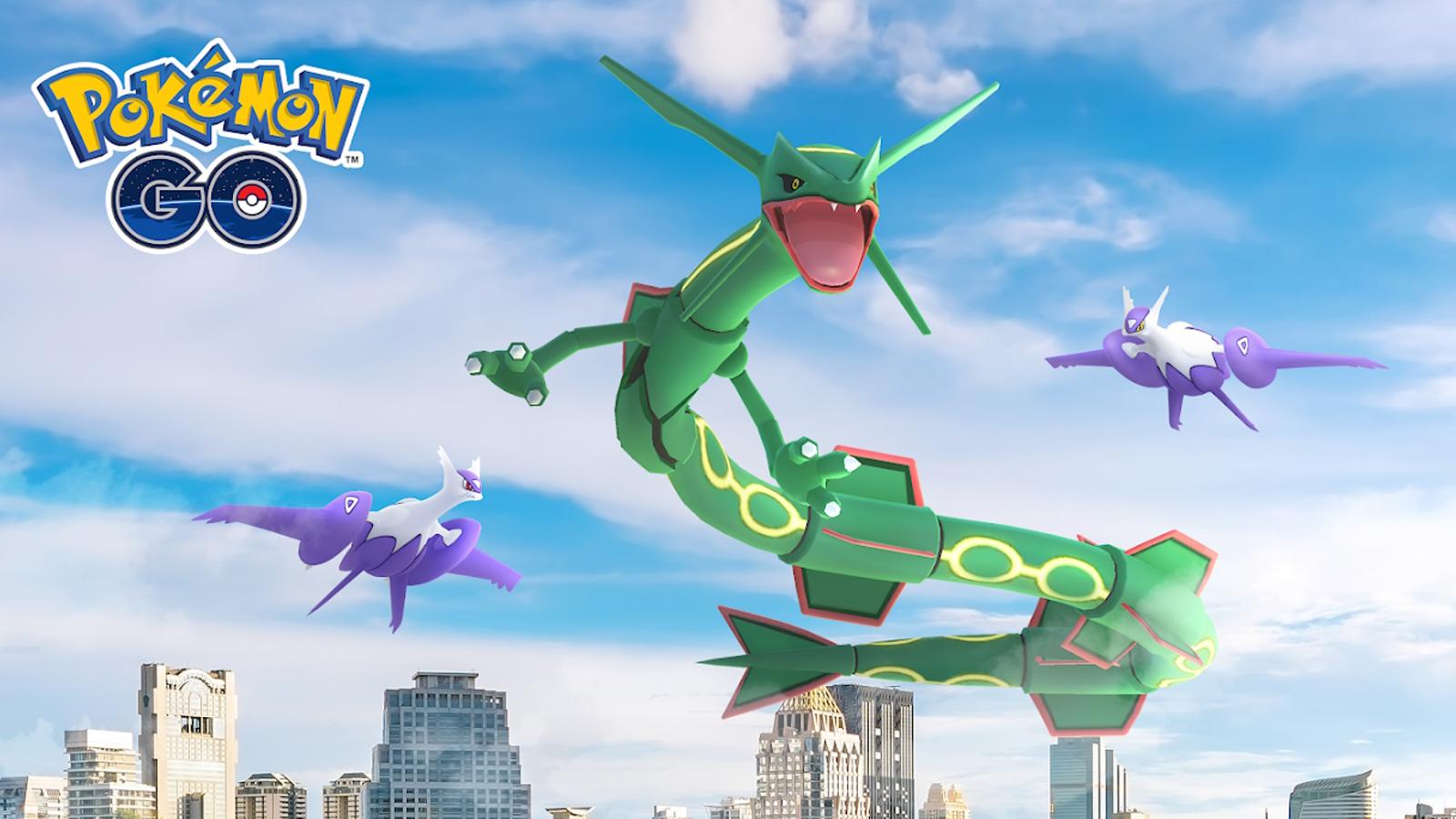 rayquza, mega latios, and mega latias flying together in promo for gen 3 pokemon go event