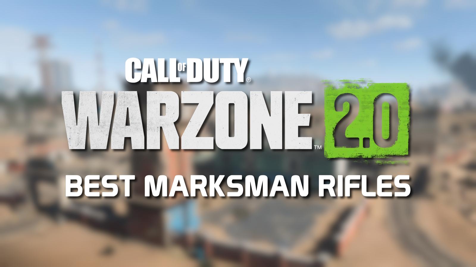 thumbnail feature image with text showing warzone 2 logo and best marksman rifles, with blurred al mazrah in the background.