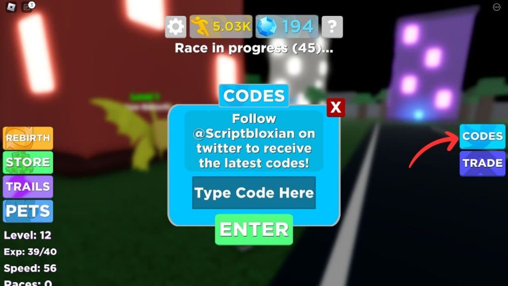 Using codes in Legends of Speed