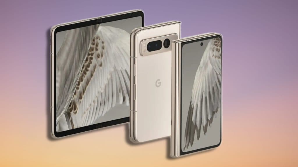 Google Pixel Fold with front and back view on a gradient background