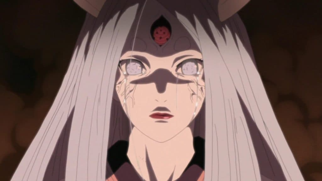 An image of Kaguya crying after seeing Naruto and Sasuke