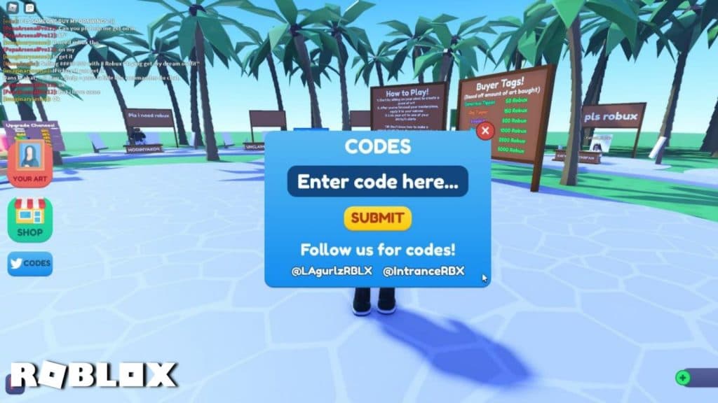 Codes Redeem screen in Starving Artists