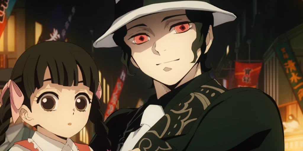 An image of Muzan with his fake daughter in Demon Slayer
