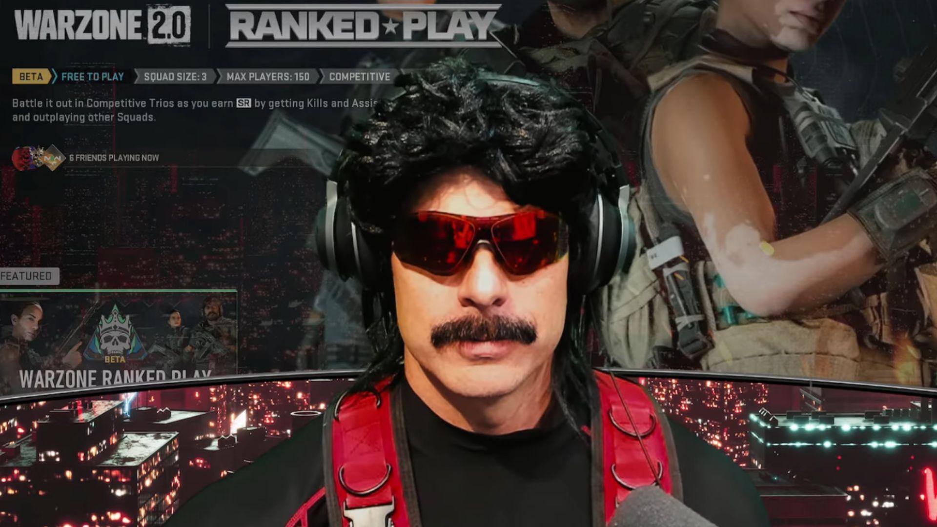 Dr Disrespect sat in front of Warzone 2 ranked play screen