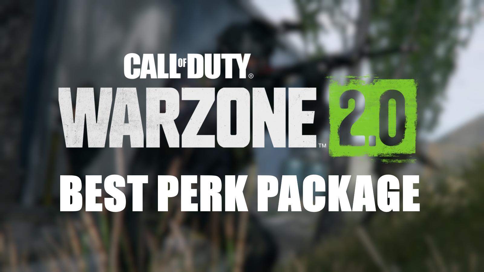 thumbnail image of warzone 2 logo and best perk package subtitle in front of blurred background of call of duty soldiers.