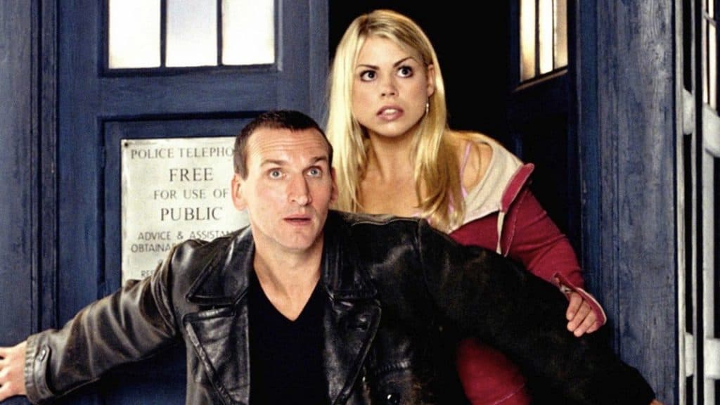 An promotional image of Christopher Eccleston and Billie Piper as The Ninth Doctor and Rose Tyler in Doctor Who.