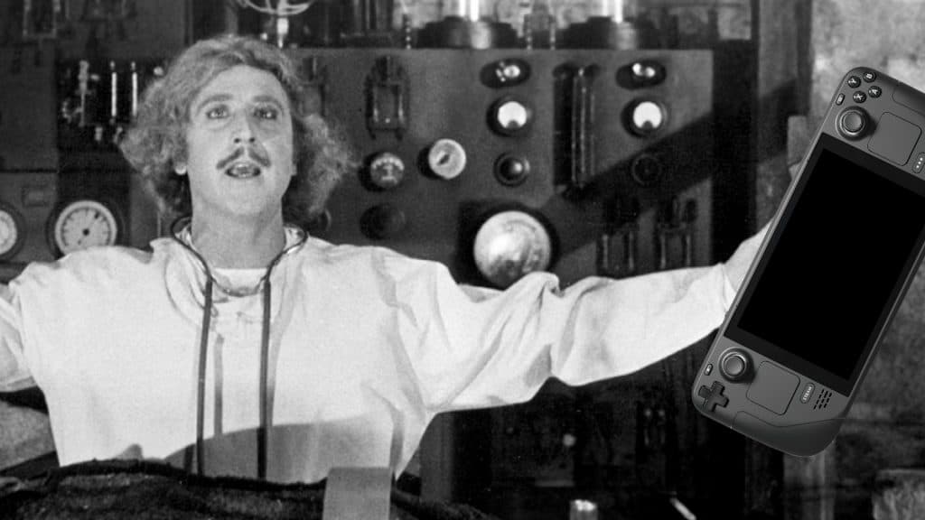 it's alive scene with gene wilder from young frankenstein holding a steam deck