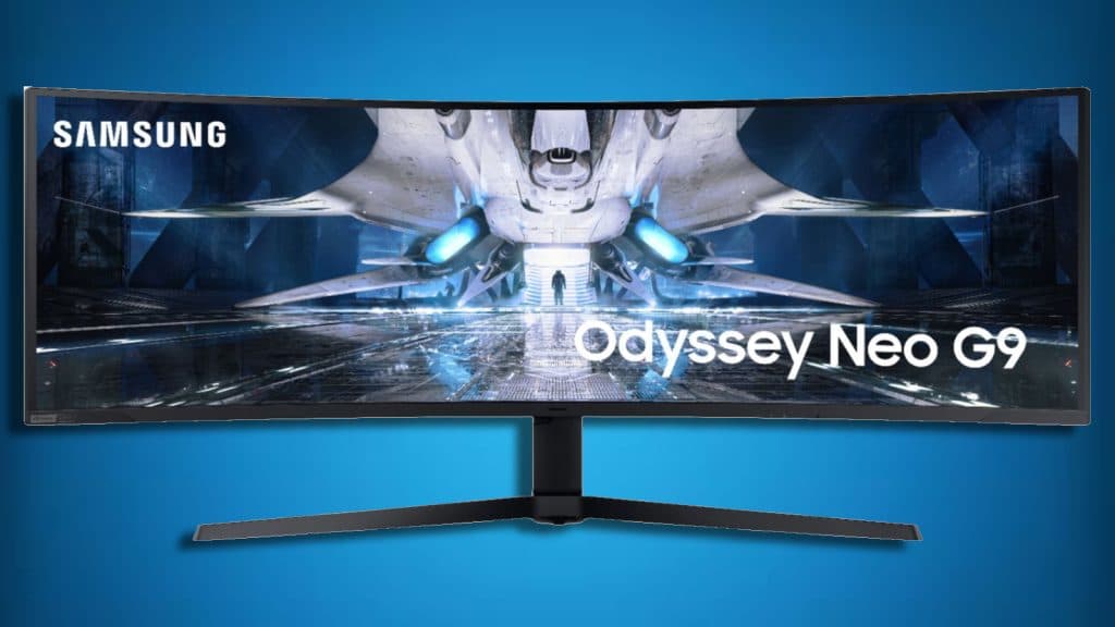 Samsung Odyssey Neo G9 super ultra wide screen monitor on a gradient background