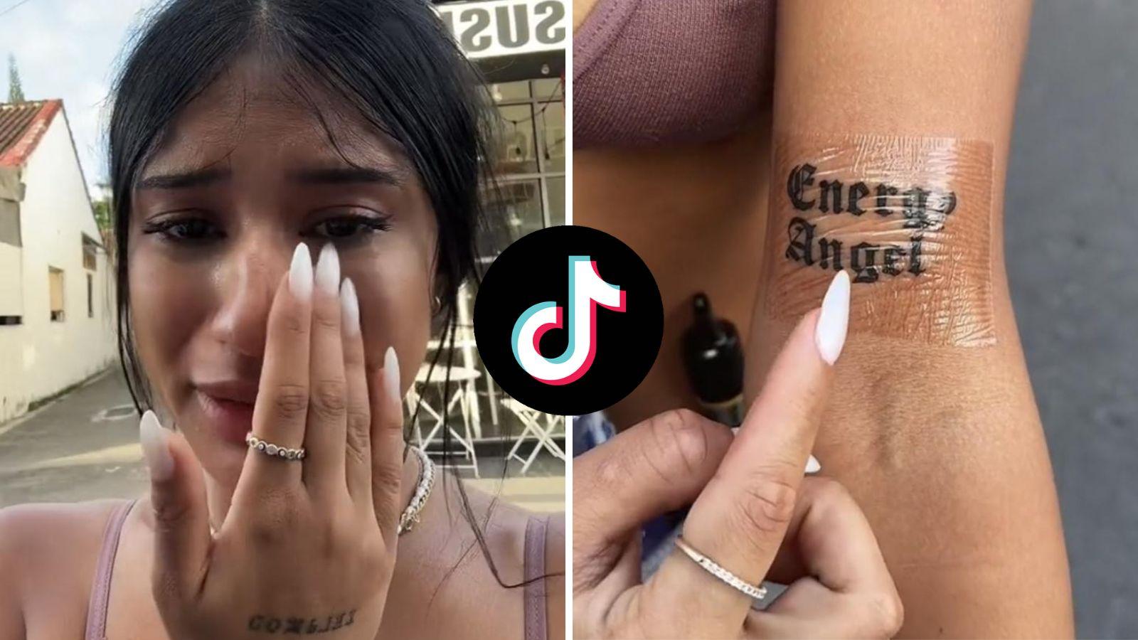 TikToker crying and unveiling her tattoo fail