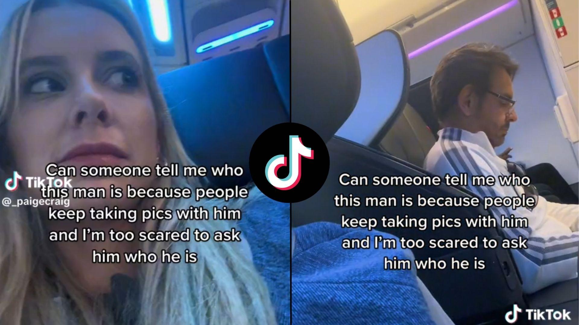 Screenshots of woman taking photos on man on plane for TikTok