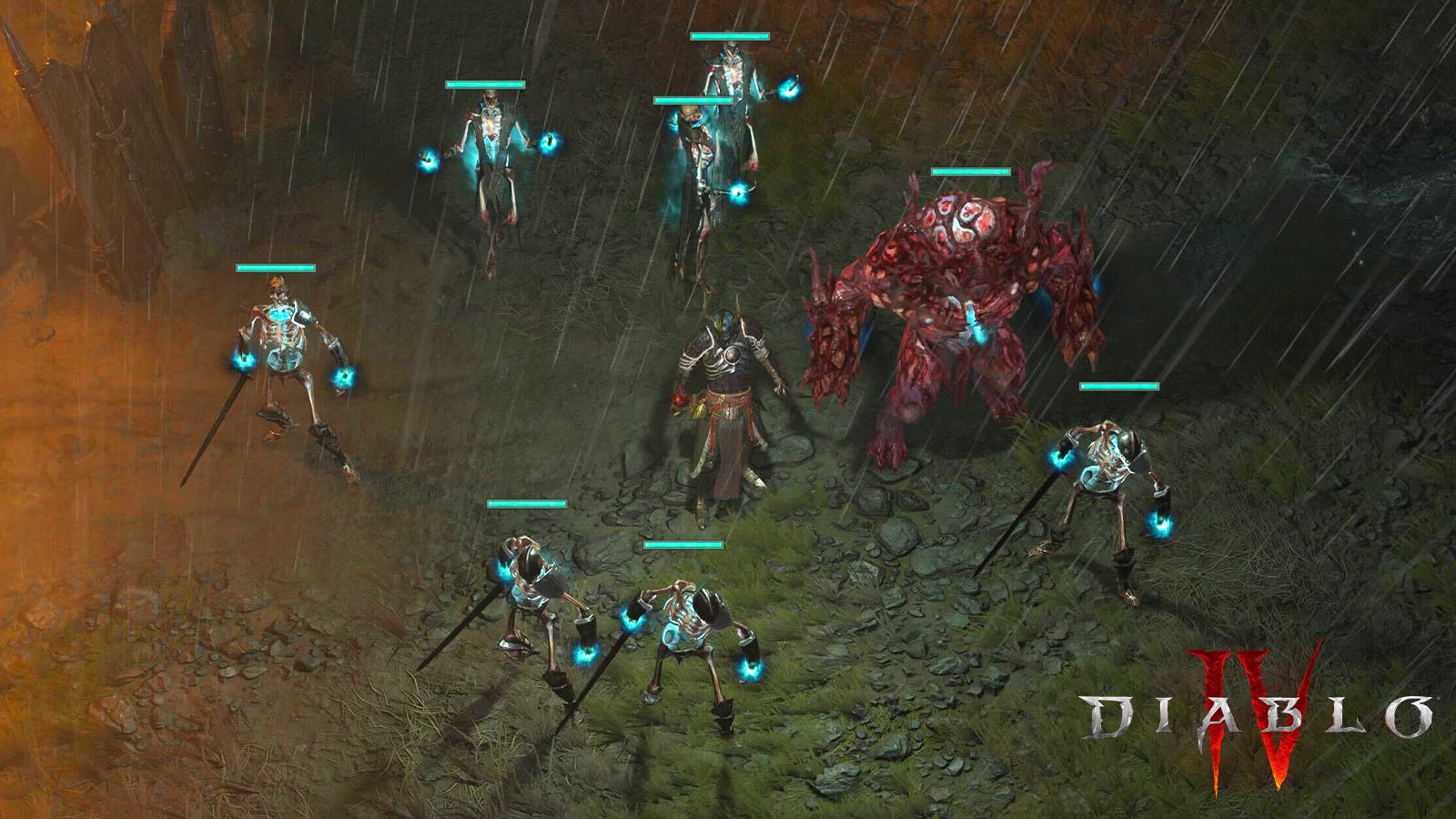 an image of a Necromancer with a Golem and Skeletal Warriors in Diablo 4