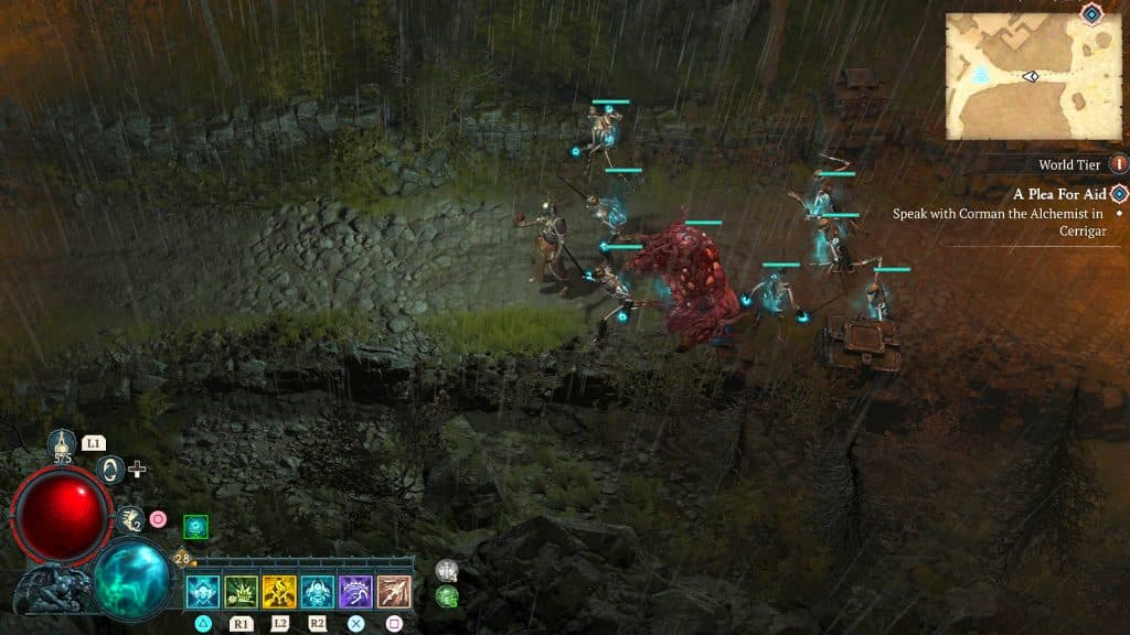 an image of a Necromancer in motion with a Golem and Skeletal Warriors in Diablo 4