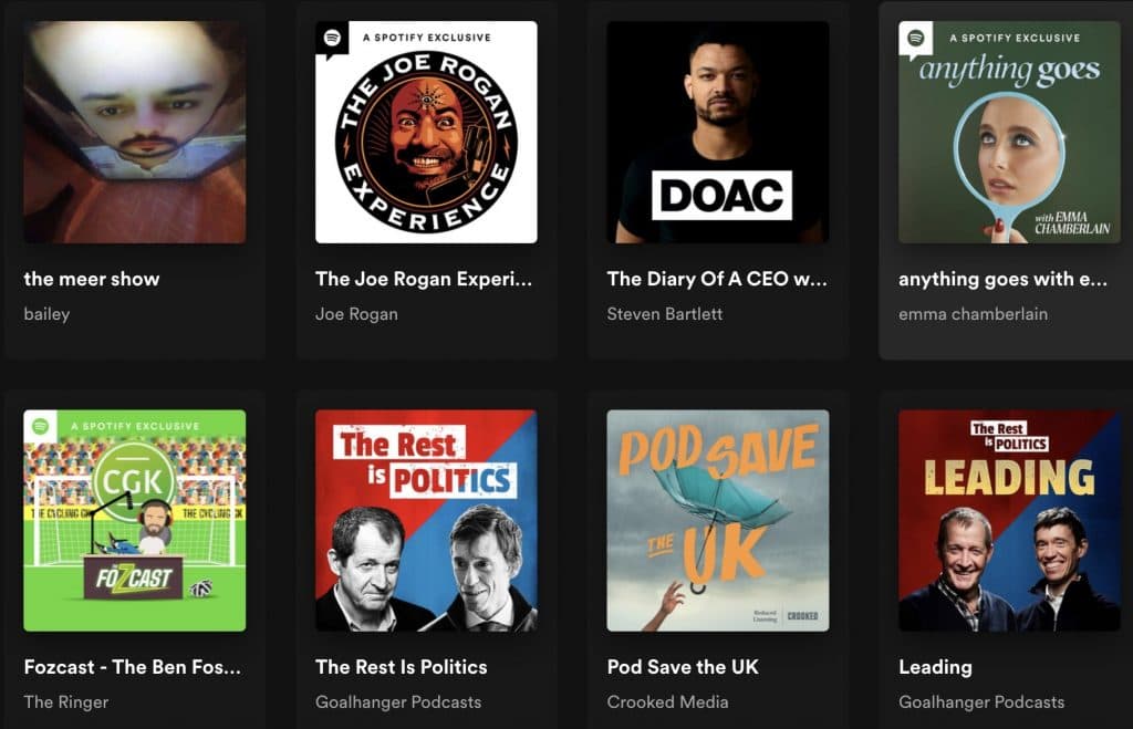 Screenshot of Spotify podcast chart for May 18 with Joe Rogan off top spot