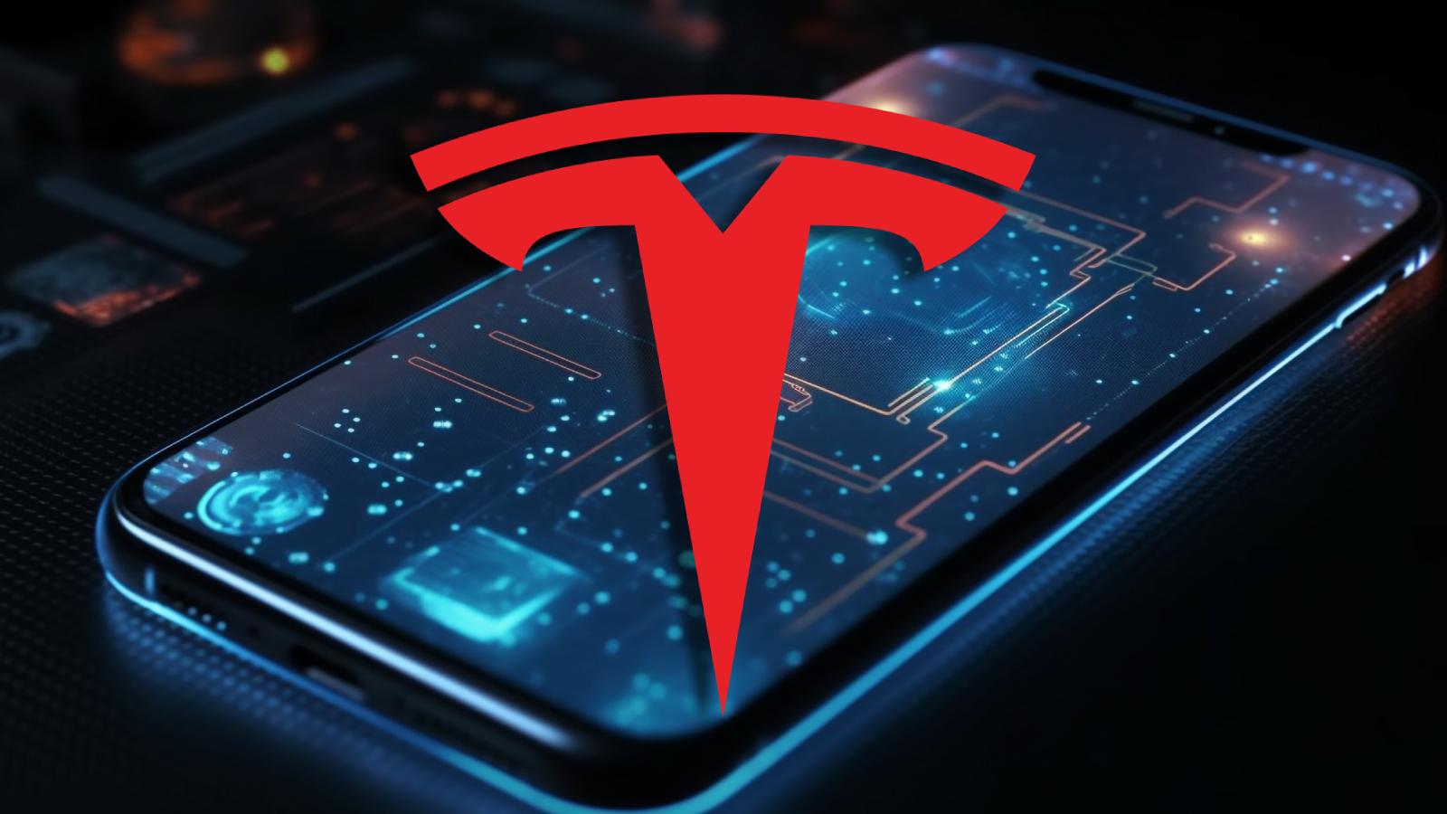 An AI-generated image of a smartphone in the background with Tesla logo at the front