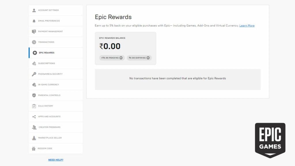Epic Rewards Page in Account Settings