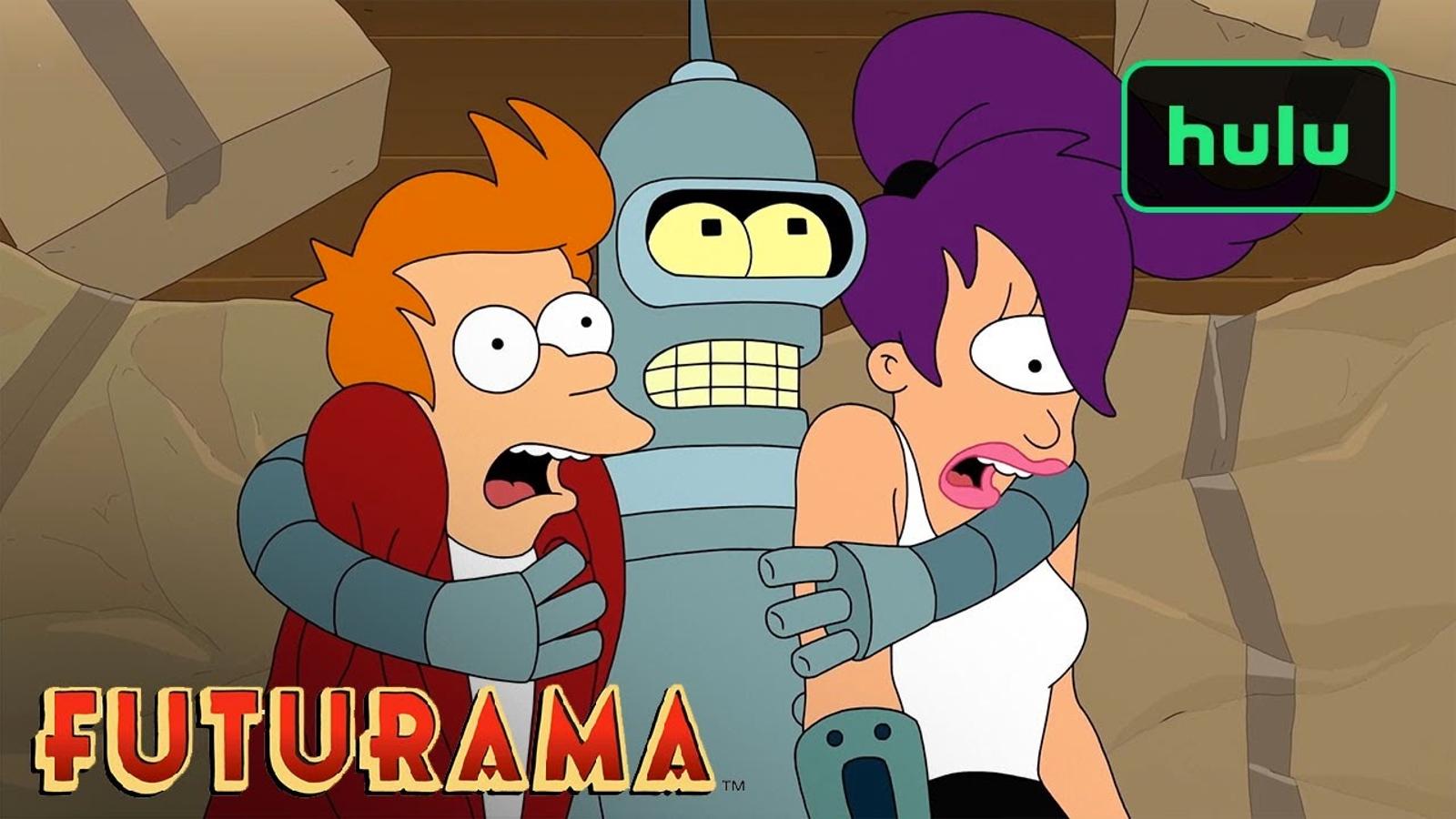 Futurama trailer thumbnail for new episodes in 2023, with Hulu logo in corner
