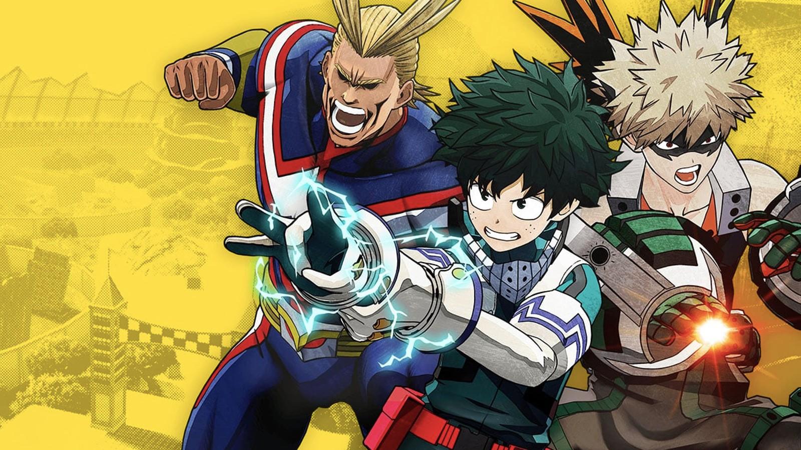 A promotional image from My Hero Academia: Ultra Rumble featuring Deku, All Might and Bakugo.