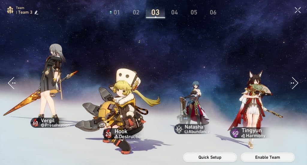A screenshot of Hook's best team comp in Honkai