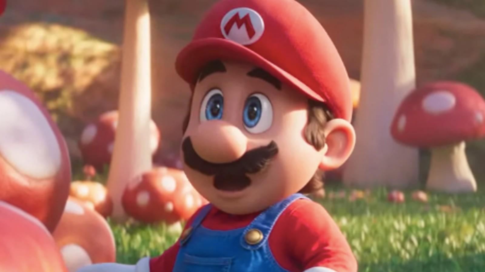 A close up of Mario looking shocked in The Super Mario Bros. Movie