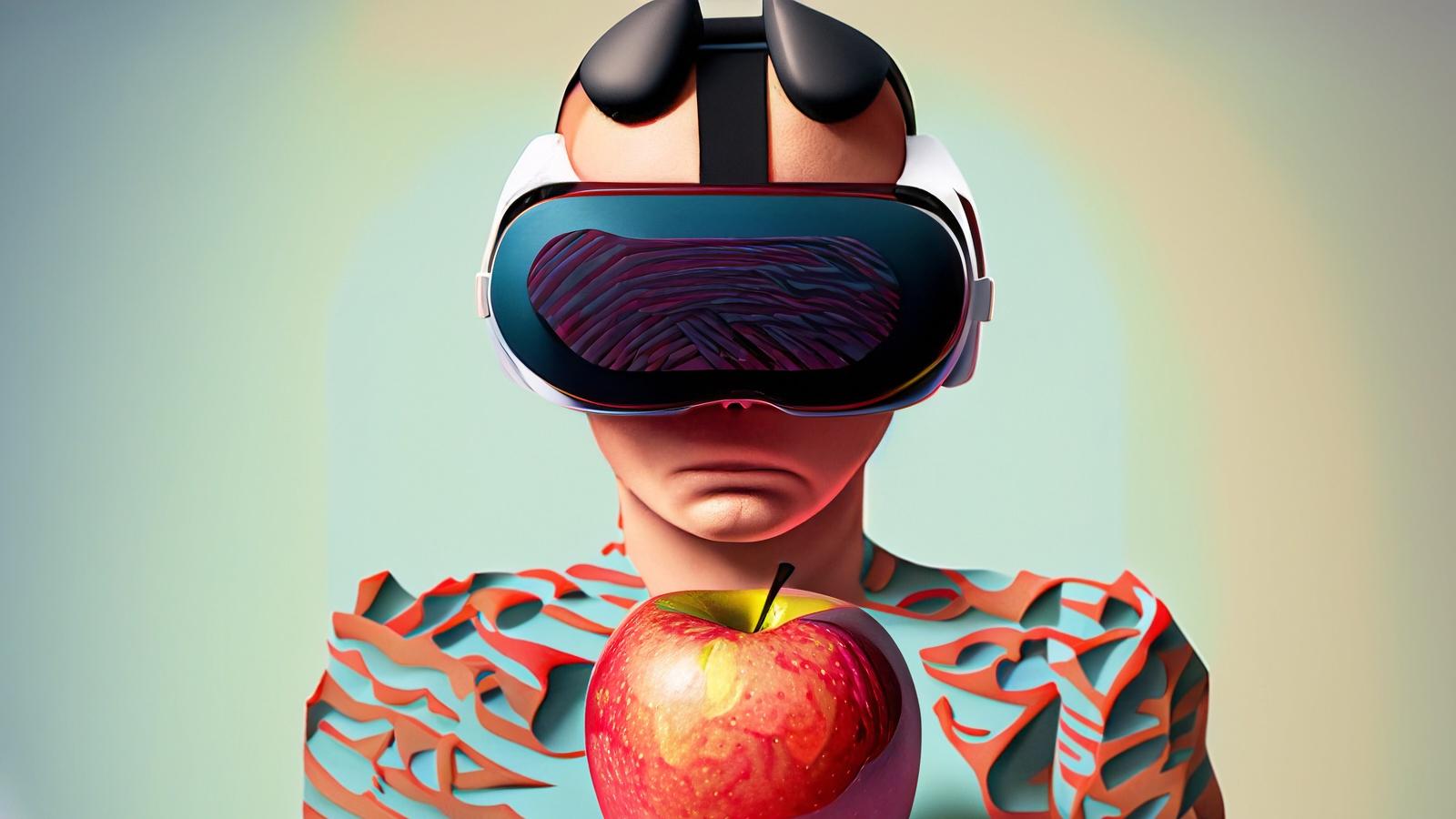 AI generated image of a man looking at an apple with a vr headset on