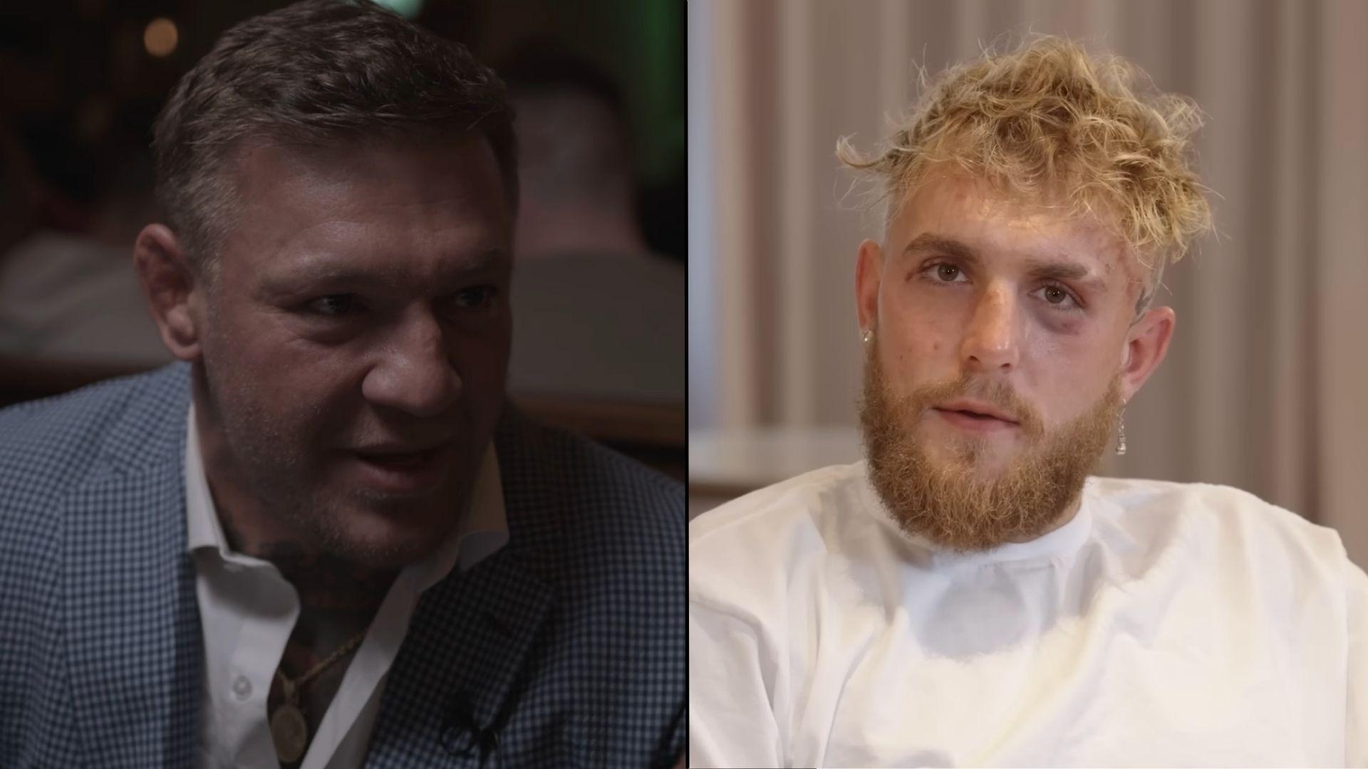 Jake Paul and conor mcgregor side by side talking to cameras