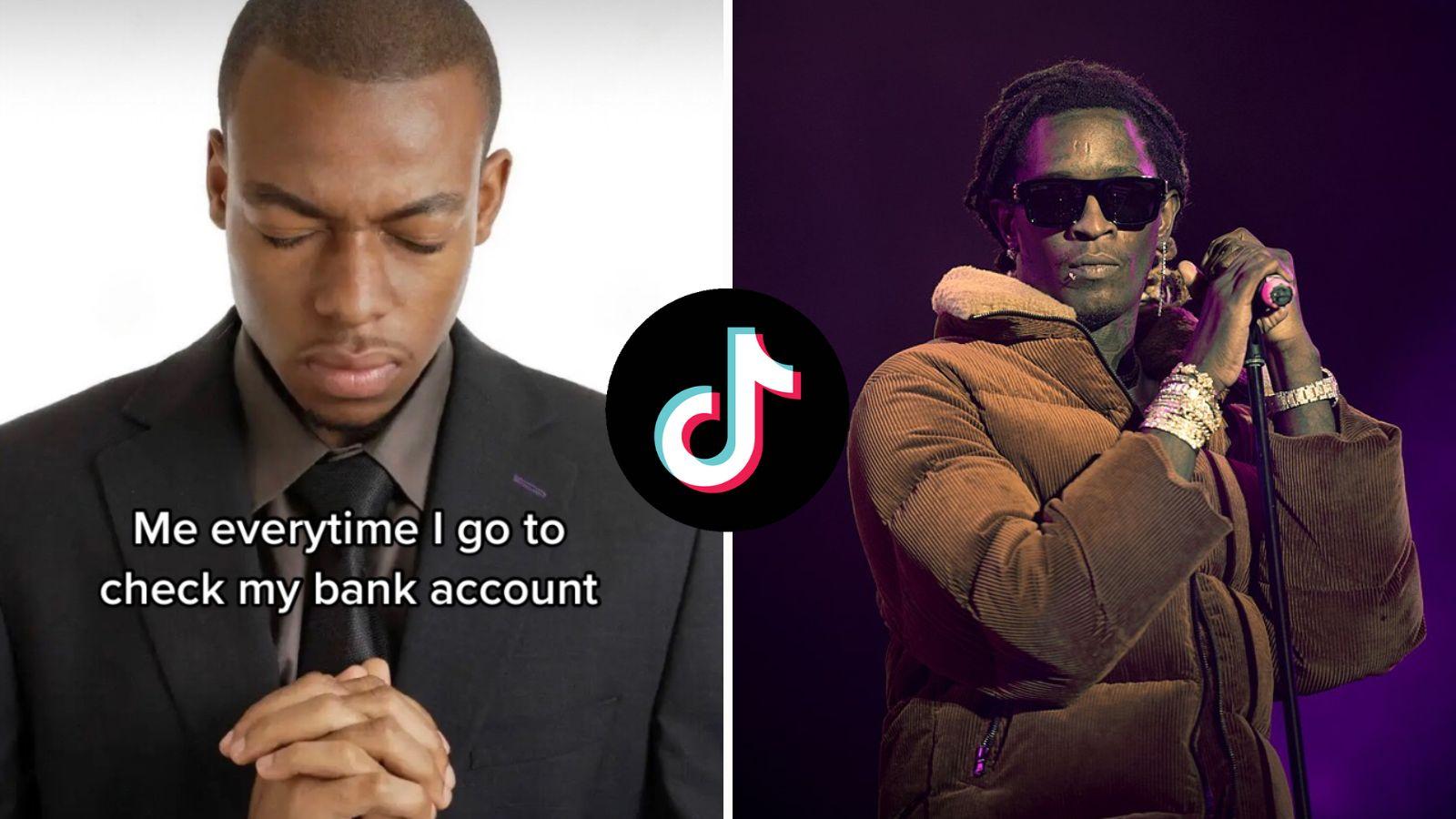 A meme of a man praying, and a photo of rapper Young Thug