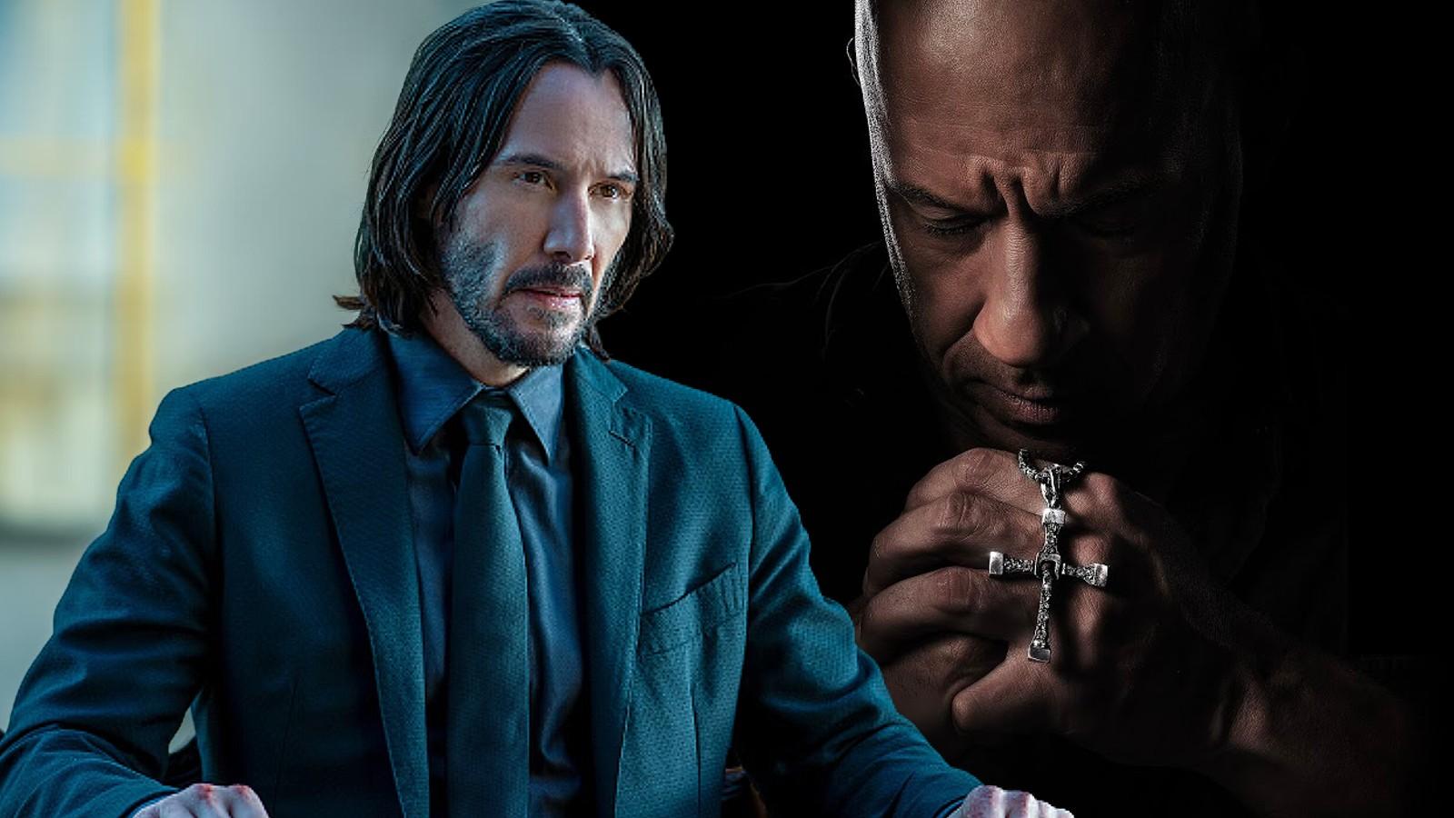 Keanu Reeves in John Wick 4 and a poster for Fast X